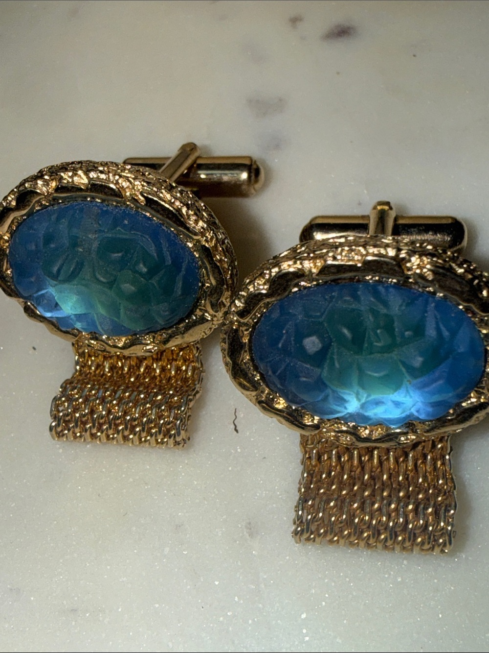 Gold-Tone Cufflinks with Blue-Green Faceted Inset